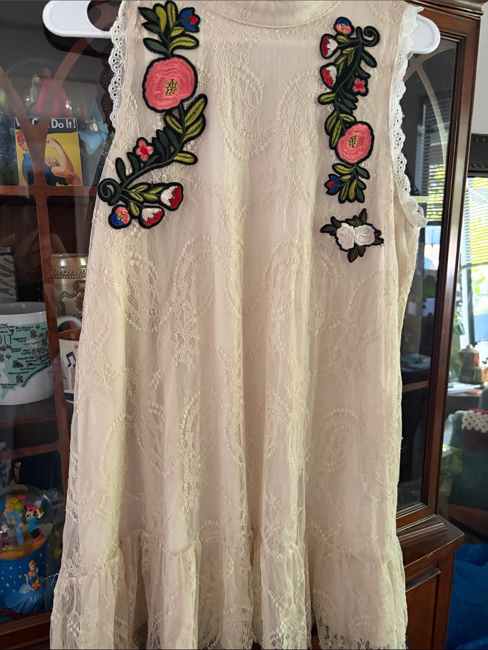 Ellison Cream Lace Mini Dress with Pink & Green Floral Appliqués